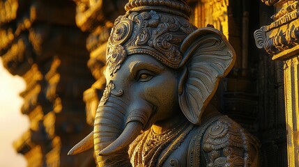 Obraz premium A detailed statue of Lord Ganesha, adorned with intricate carvings, displayed against a warm golden backdrop, symbolizing wisdom and prosperity.