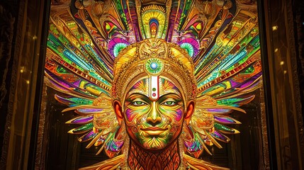 A vibrant, colorful depiction of a figure adorned with intricate patterns and a radiant halo, showcasing elements of spirituality and artistry.