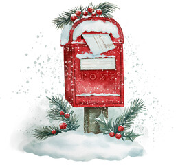 Watercolor illustration of a colorful red Christmas mailbox with a letter to Santa Claus. Perfect for holiday cards, gift wrap, posters, decor, art prints, and festive crafts.