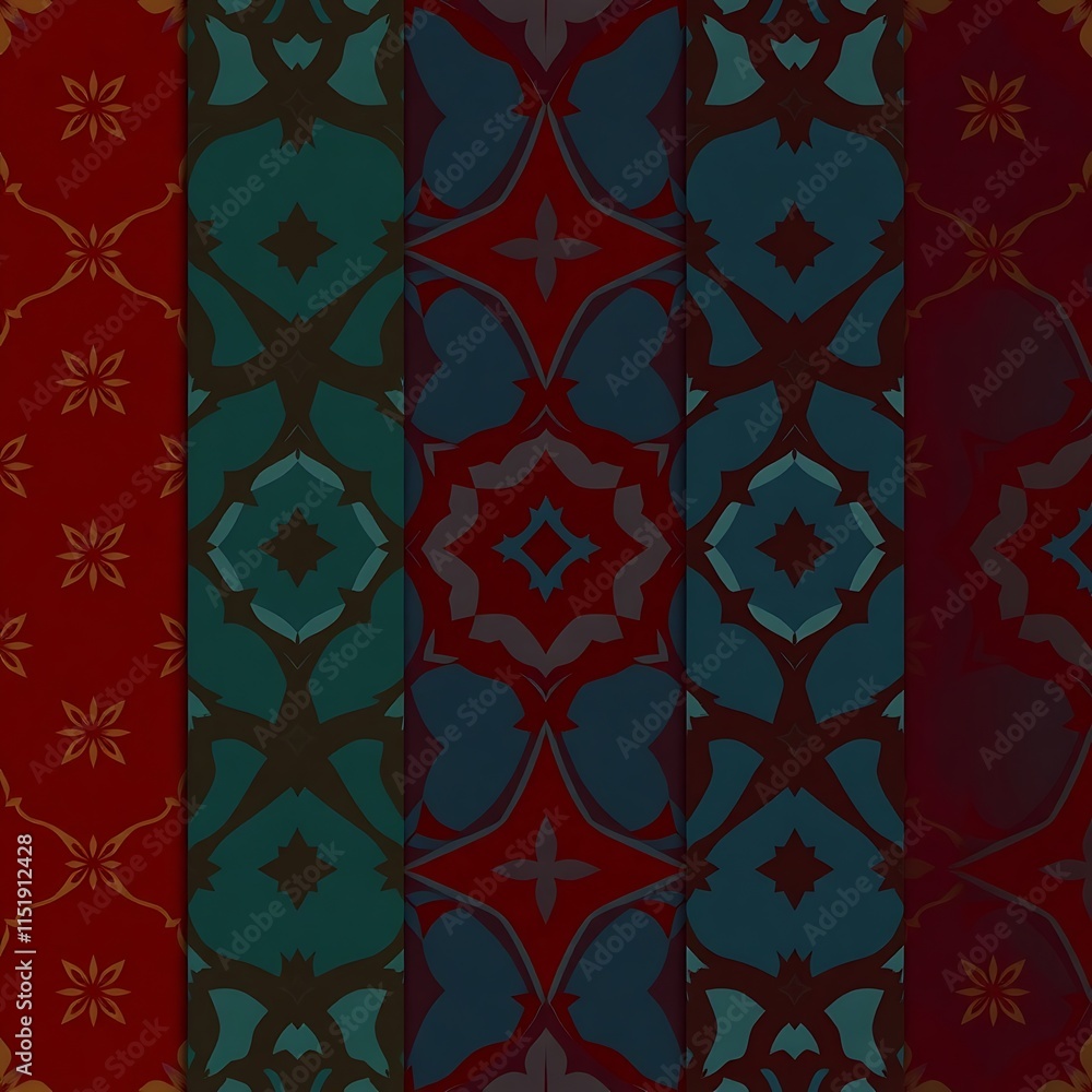 Poster vibrant geometric patterns set: a captivating set of five seamless patterns featuring intricate geom