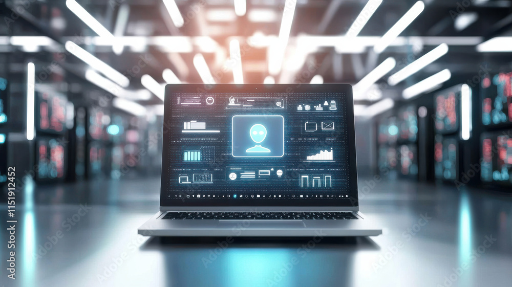 Poster next gen laptop displaying data analytics in futuristic room