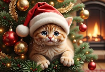 A cute, fat kitten with fluffy fur of a delicate red shade has settled comfortably right on the branches of a New Year tree