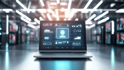 next gen laptop displaying data analytics in futuristic room