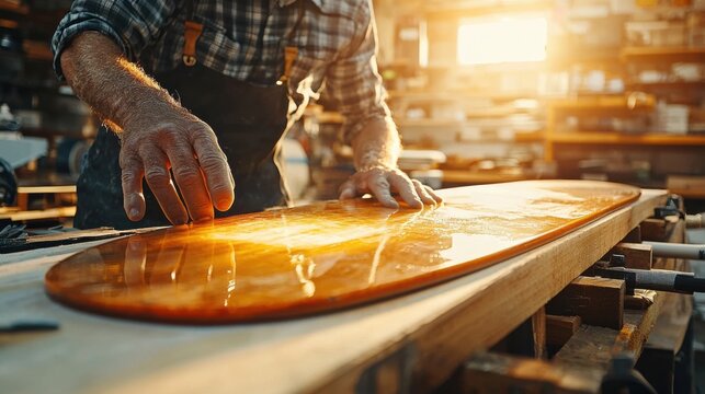 Precision in Progress: Close-Up of Designer Examining Surfboard Curvature with Vibrant Craftsmanship Illuminated
