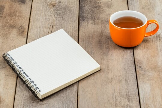 A personal growth journal open to a page with inspirational notes and goals, accompanied by a cup of tea on a wooden desk