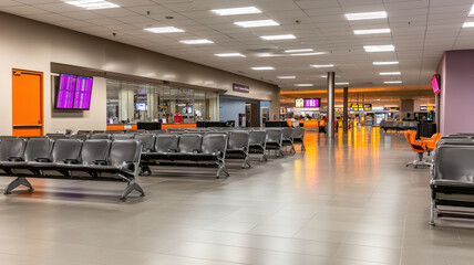 quiet airport terminal at night, illuminated by soft lighting and empty seats