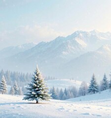 Obraz premium Winter landscape with a small Christmas tree in the foreground, tiny trees , frozen ground