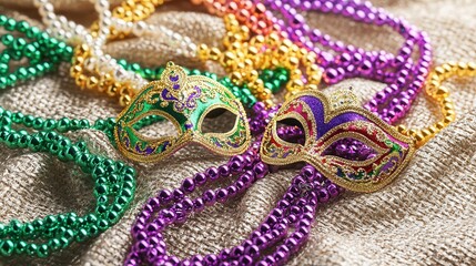 Fototapeta premium Colorful masks and beads displayed together, capturing the festive spirit of celebrations like Mardi Gras.