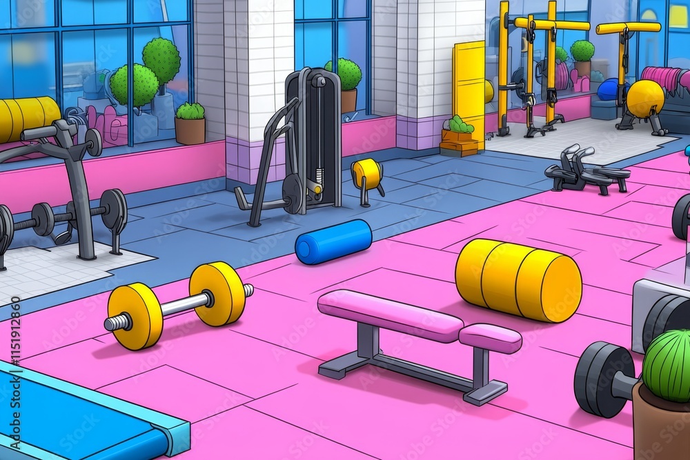Poster a pixel art depiction of a gym filled with colorful dumbbells, treadmills, and animated characters e