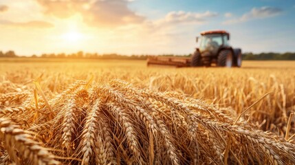 A farmer driving a tractor across a golden wheat field during harvest, with a trailer full of grain trailing behind