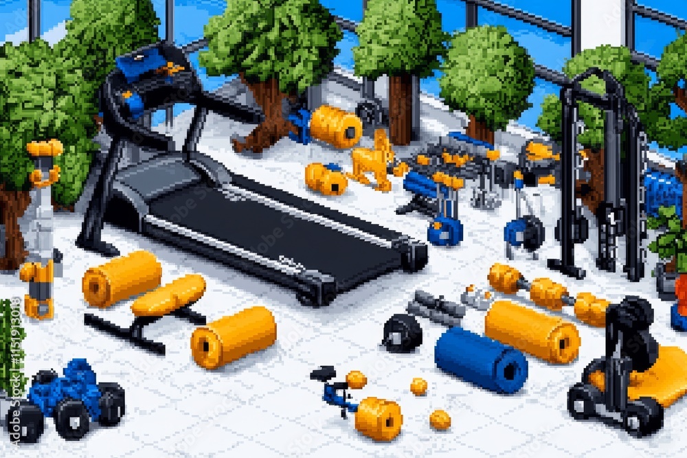 Poster a pixel art depiction of a gym filled with colorful dumbbells, treadmills, and animated characters e
