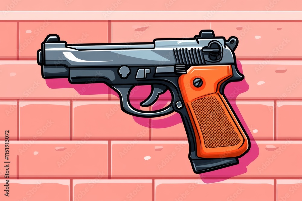 Poster A pixel art depiction of a retro handgun with glowing highlights, set against a simple 8-bit background of an action game