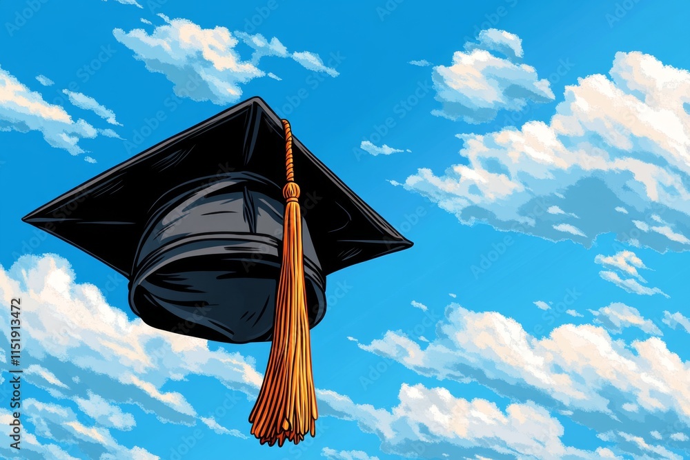Poster a pixel art representation of a graduation cap with a golden tassel, animated to sway gently, set ag