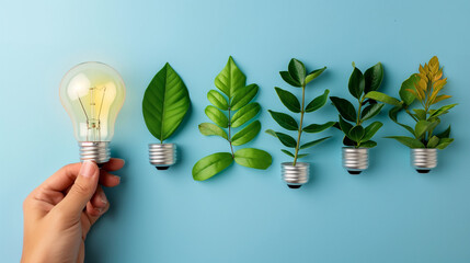 Hand hold light bulb on weak blue background. eco concept