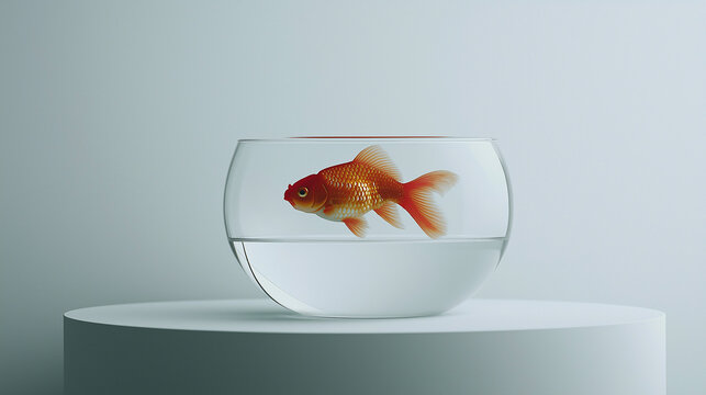 Goldfisch in transparenter Sch&uuml;ssel, elegant vor neutralem Hintergrund

