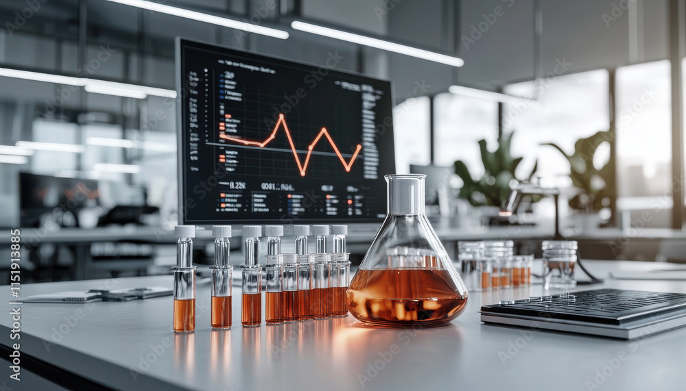 Aufkleber laboratory setup with vials, test tubes, and data chart on screen