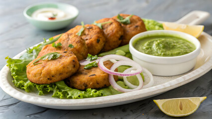 Fried Patties with Green Chutney and Lemon Wedges