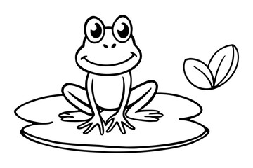 A smiling frog sitting on a lily pad line art illustration