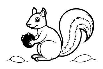 A playful squirrel holding a giant acorn line art illustration