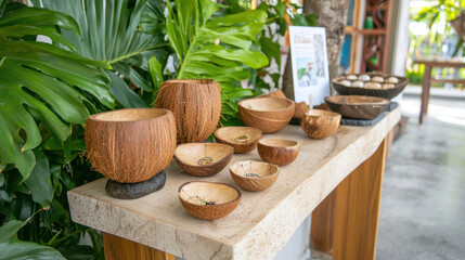 Fototapeta premium Handcrafted wooden bowls displayed on tropical themed stand surrounded by lush greenery. unique designs and natural materials create warm, inviting atmosphere