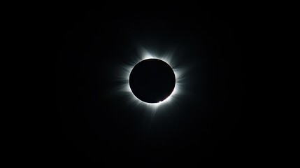 The moon's silhouette during a solar eclipse, surrounded by a faint, fiery corona in a dark sky
