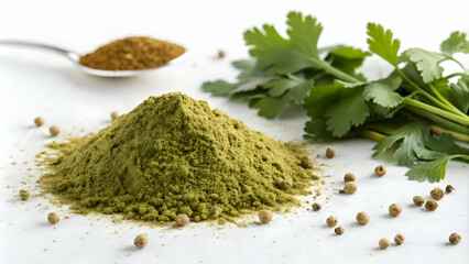 Ground Coriander Powder with Fresh Coriander Leaves and Seeds