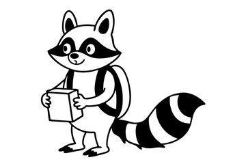 A curious raccoon wearing a small backpack line art illustration