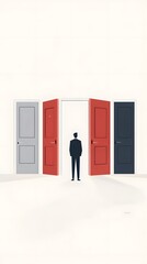 A man stands in front of an open door, and behind him stand three closed doors.