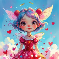 Fototapeta premium Charming Fairy Character in Pink Dress Surrounded by Hearts