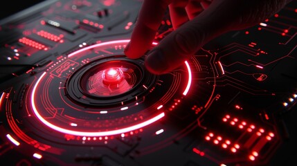 A futuristic red radial circuit design glowing against a sleek black background.