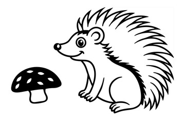 A porcupine sitting next to a mushroom line art illustration