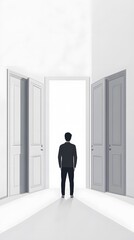 Fototapeta premium A man stands in front of an open door, and behind him stand three closed doors.