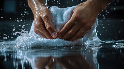 Fototapeta premium Wet towel being twisted and squeezed by strong hands, water streaming onto a reflective floor