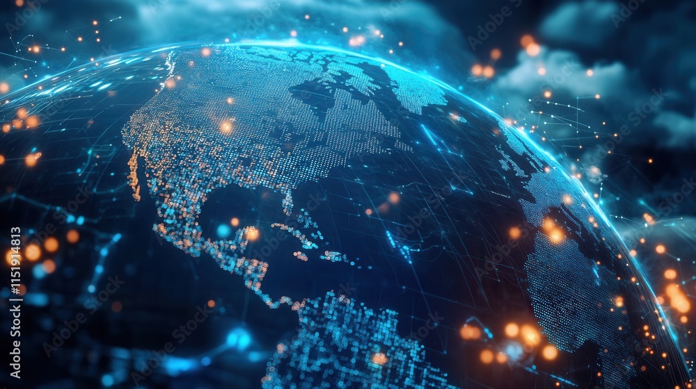 Poster sustainable globalization globe, a 3d representation of a globe enveloped in digital financial data 