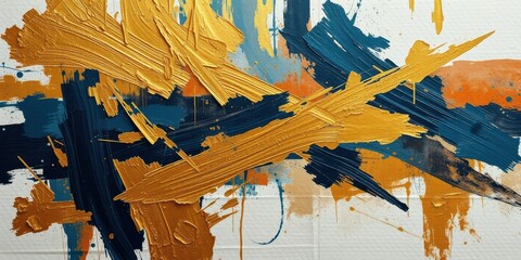 Fototapeta premium Abstract Art with Bold Strokes of Gold and Navy Blue Paint on a White Canvas