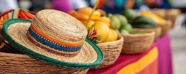 vibrant festival setting featuring colorful woven hats and fresh fruits displayed in baskets, creating lively and inviting atmosphere