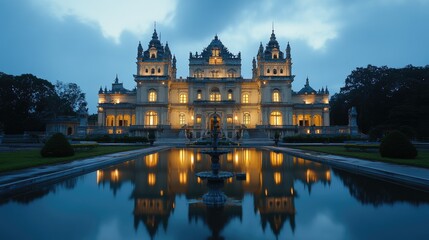 Obraz premium Illuminated Palace Reflecting In Still Water At Dusk