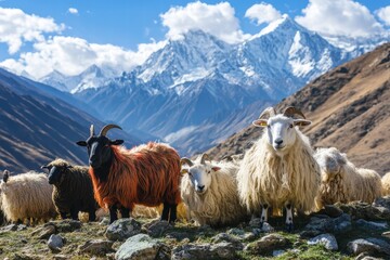 Obraz premium Mountain goats grazing in a scenic landscape with snow-capped peaks in the background