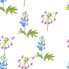 Purple and blue flowers wax crayons seamless pattern on white isolated background. Textural and botanical repeating pattern. Design for textiles, wrapping paper and wallpaper.