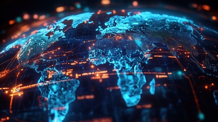 Global Trade Dynamics, a vibrant 3D world map showcasing illuminated trade routes and digital data points reflecting globalization's economic influence