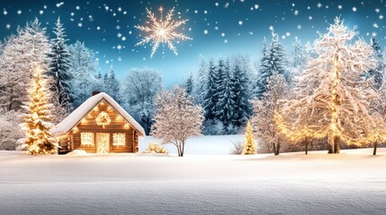 Naklejka premium Magical Christmas Cabin in Snowy Winter Wonderland