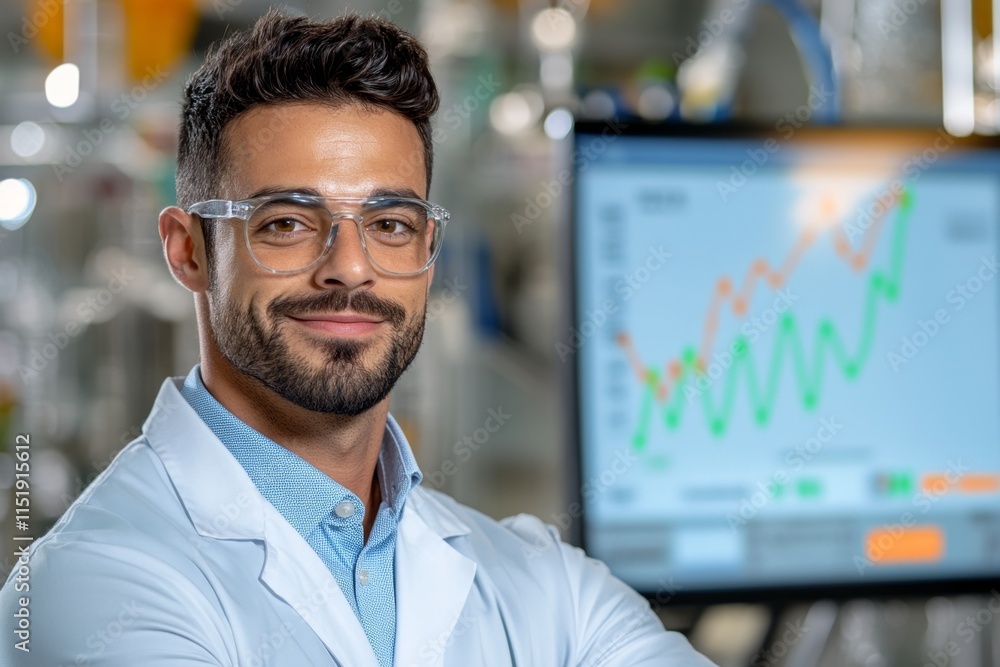 Poster A research scientist in a lab presenting a growth curve graph on a large monitor to colleagues, surrounded by lab equipment