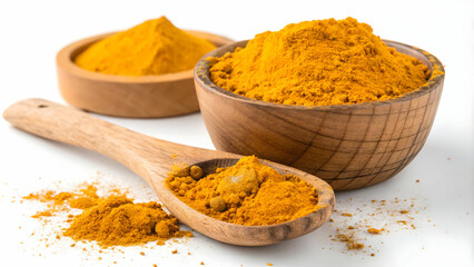 Turmeric Powder in Wooden Bowls and Spoon on White Surface