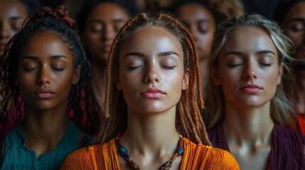 Obraz premium Diversity, people and row with eyes closed for meditate in dark background