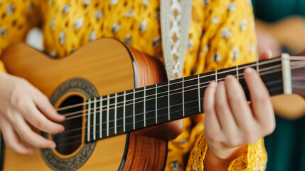 Obraz premium Playing guitar with focus and passion in cozy setting
