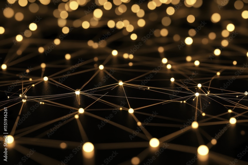 Poster network of glowing dots connected by lines representing digital communication and technology
