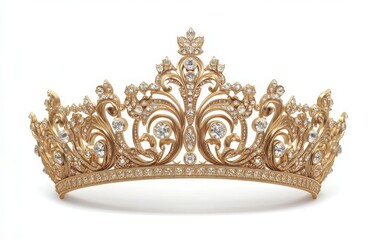 A regal 3D-rendered golden crown featuring ornate designs and encrusted with sparkling jewels.