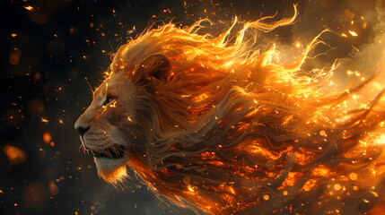 Naklejka premium Captivating Image of a Lion with a Flame-Infused Mane and Fiery Features