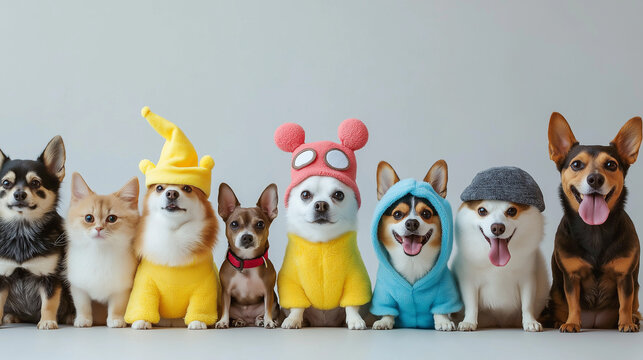 Sechs s&uuml;&szlig;e Hunde in farbenfrohen Outfits und Accessoires

