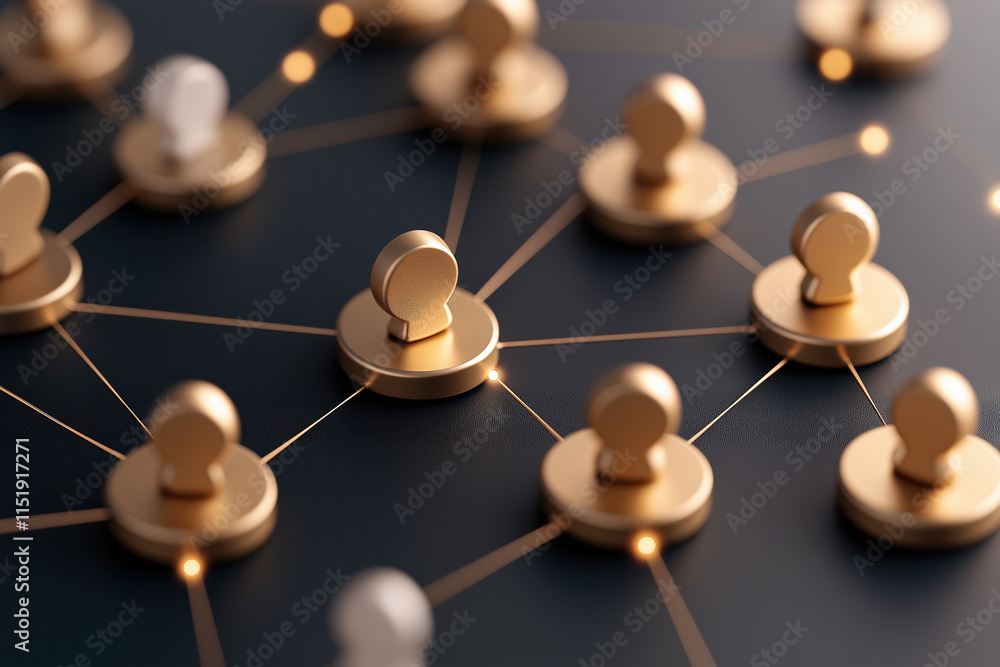 Poster golden nodes linked by lines on a dark surface symbolize digital communication
